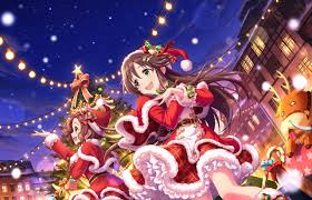 2girls annin doufu boots bow brown hair building candy christmas clouds green eyes hat idolmaster idolmaster cinderell anime christmas friend anime anime music