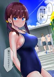 wakana hanabi, original, commentary request, highres, translation request,  2boys, 3girls, arms behind back, blue eyes, blue sky, breasts, brown hair,  cloud, competition school swimsuit, contrail, cowboy shot, day, dutch  angle, large breasts,