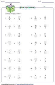 In this math worksheet, your child will complete equations to make equivalent fractions with different denominators. Equivalent Fraction Worksheets
