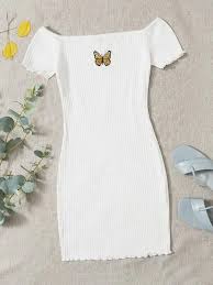Limited time sale easy return. Embroidered Butterfly Graphic Ribbed Dress Shein Eur