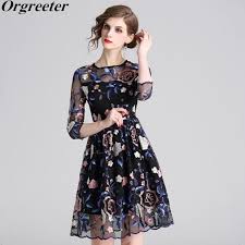 A softly sweeping layered soft net skirt enhances Embroidery Party Dresses Runway Fashion Retro Flower Embroidered 3 4 Sleeve Above Knee Black Mesh Dresses For Women Vestido Dresses Aliexpress