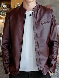 Image Of Men Biker Jacket Plus Size Stand Collar Burgundy Pu Leather Jacket