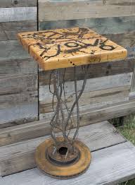 Man Cave Functional Art End Table Made From Rusty Brake Rotor Barbed Wire Steel Bar Cedar Mahogany With Metal Art Welded Scrap Metal Art Car Part Furniture