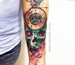 Using very little to no black and no watercolor tattoos depend more on gradual shading and subtle shifts in color than other styles of. Skull With Clock Tattoo By Marco Pepe Photo 17839