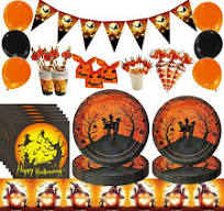 Disposable Tableware Set Paper Plate Cup Napkin Straw Banner For Halloween  Party