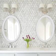 Find the cool grey tempered with golds and beiges with a glass and sandstone mosaic or highlighted. Carrara White Caribbean Green Diamond Marble Mosaic Tile Backsplash Transitional Bathroom