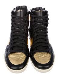 Black And Gold Dc High Tops Men S Black And Gold Leather Saint Laurent Sl 10h Round Toe High Top Sneakers With Rubber Soles Gold Tone Foil Stamp A Sneakers High Top Sneakers Gold Leather