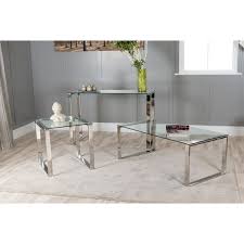 Modern side tables don't only give you a place to rest refreshments. Miami Chrome Metal And Glass Console Coffee End Side Table Set Mia Ful Set