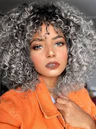 Check the perfect blend of gray highlights and lowlights. Aisi Hair Gray Curly Wigs For Women Synthetic Mixed Wig With Bangs For Black Women Hair Heat Resistant Shoulder Length Kinky Afro Curly Wig Buy Online In Nicaragua At Desertcart Ni Productid