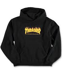 thrasher boys flame logo black hoodie