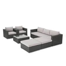 Noble House Santa Rosa Gray 8 Piece Wicker Patio Conversation Set With Silver Water Resistant Cushions 13691 The Home Depot In 2020 Conversation Set Patio Wicker Patio Sectional Patio Sectional
