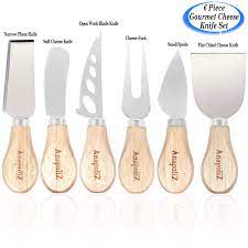 Cheese Knife Set 6 Piece Stainless Steel Wooden Handles Knives Narrow Plane Knife Cheese Fork Small Spade Spreader Shaver Open Work Blade Gourmet Cheese 6 Pcs Knife Set