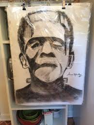 Two Rare FRANKENSTEIN CHARCOAL DRAWING Sara Karloff Signed- by Re-known  Artist