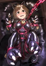 1girls bell bodysuit bondage bondage gear bondage gloves bondage  harness bondage outfit brown eyes brown hair cat ears cat tail chained  chains fake animal ears fake tail female female