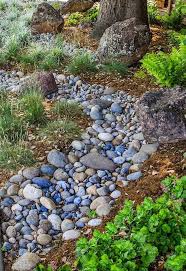 Love The Dry Creek Bed With The Mulched Areas Might Work For The Wet Draining Spot Between Our Ho River Rock Landscaping Dry Creek Bed Landscaping With Rocks