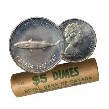 1967 1867 Canadian 10 Cent Mackerel Fish Confederation Centennial Silver Dime Original Coin Roll