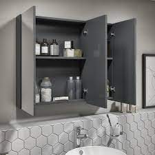 Black high gloss tall wall mounted bathroom cabinet storage cupboard furniture. 800mm Dark Grey Gloss Wall Hung Mirrored 3 Door Bathroom Cabinet Portland Better Bathrooms