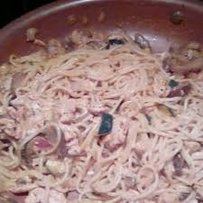 Salad pasta with salmon and cream cheese penne, grilled salmon, cream cheese, wok sauce, salad mix, sugar peas, cherry tomatoes, lime, parmesan, spinach, black sesame seeds, dried onion, sliced paprika, creamy saffron sauce Pasta With Creamy Smoked Salmon And Dill Recipe Allrecipes