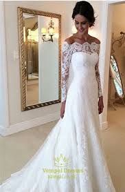 White Lace Off The Shoulder Sheer Long Sleeve Wedding Dress With Train Long Sleeve Bridal Gown Bridal Gown Cheaper Wedding Dress Long Sleeve