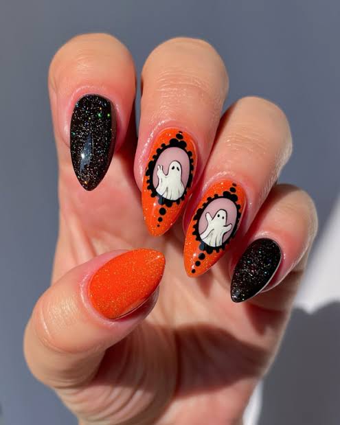 Classic Orange & Black Ghost Nails