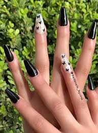 27 Beautiful Butterfly Nails For Spring Acrylic Coffin Nails Design 2020 Latest Fashion Trends For Woman In 2020 Coffin Nails Designs Black Acrylic Nails Butterfly Nail