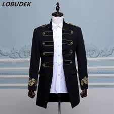 Black And White Coat For Boys Black White Blue Embroidery Male Long Jacket Coats Groom Wedding Clothes Prom Singer Dancer Performance Bar Clu Blazer Designs Slim Fit Blazers England Fashion