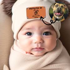 Custom Pet Portrait Protected by Baby Toddler Beanie With Vegan Leather  Patch for Boy Girl, Personalized Baby Puppy Beanies With Name