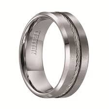 Lannister Men S Tungsten Flat Wedding Band With Steel Wire Cable Inlay Beveled Edges 8mm Three Stone Diamond Rings Engagement Tungsten Wedding Bands Morganite Engagement Ring Set