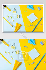 Alat and transparent png images free download. Colorful Office Stationery On Blue Yellow Background Photo Jpg Free Download Pikbest