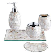 Complete your bathroom with this sleek set of bathroom accessories. 5 Pieces Bathroom Accessories Set Bathroom Soap Dispenser Set Mosaic Glass Bath Ensemble Lotion Dispenser Toothbrush Holder Cotton Jar Vanity Tray Soap Dish Pearl Walmart Com Walmart Com