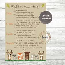 This Game What S On Your Phone Game Baby Shower Woodland Theme Printable Instant Download Pdf B Baby Shower Woodland Theme Baby Shower Baby Shower Woodland