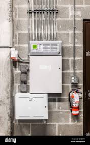 Fire Alarm Control Panel Cabinet Fire Extinguisher And Service Tags Single Stage Fire Alarm System In Electrical Service Room Of Residential Or Com Stock Photo Alamy