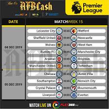 Premier League Matchweek 15 4 5 December 2019 Afbcash Sports Betting Malaysia Premier League League Schedule Sports Betting
