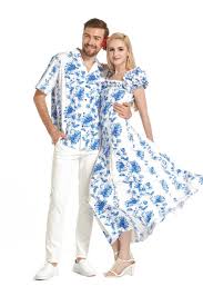Made In Hawaii Couple Matching Shirt And Short Sleeve Muumuu Dress In Blue Floral In White Hawaiian Outfit Muumuu Dress Hawaiian Shirt Dress