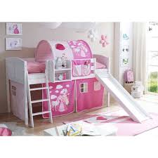 Kinderhochbett aus kiefer massivholz und webstoff wei� und pink. Etagenbett Mit Rutsche Weiss