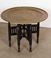 Antique folding wood tray table. Middle Eastern Persian Brass Tray Table With Folding Wooden Base At 1stdibs