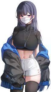 1girls big breasts biya blue eyes blush coat crop top face mask  facemask female looking at viewer mask midriff original character pendant  purple hair shorts skin tight skindentation solo
