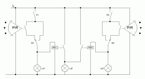 Wenn sie eine lampe mit integriertem bewegungsmelder anschließen (meist led) ist kein schaltplan erforderlich. 3 Lampen 2 Bewegungsmelder Und 2 Schalter