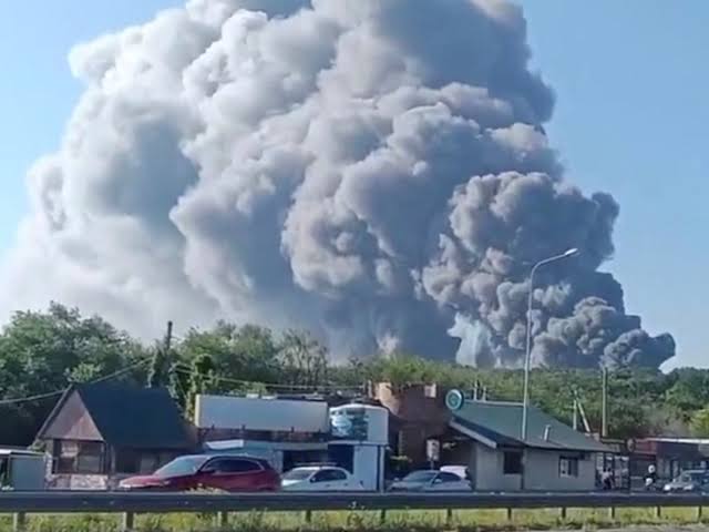 Smoke rises from a Wildberries logistics facility following a targeted Ukrainian drone strike.
