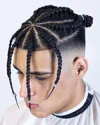 Man With Black Hair Braided Hairstyles Silver Beads Triangle Braids White T Shirt Mens Braids Hairstyles Top Knot Hairstyles Cornrow Hairstyles White