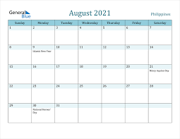 Take note of the 2021 holidays in the philippines. Philippines August 2021 Calendar With Holidays