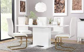 The rectangle dining table features a trestle style base, perfecting the rustic, farmhouse style. Osaka White High Gloss Extending Dining Table With 6 Perth White Leather Chairs Gold Legs Furniture And Choice
