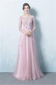 A Line Boat Neck Long Dusty Pink Tulle Lace Prom Dress With Sleeves A Line Prom Dresses Lace Evening Dresses Prom Dresses With Sleeves