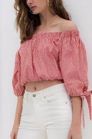 Black And White Checkered Off The Shoulder Top This Fashion Red Gingham Blouse Never Missing In Summer It Features An Off The Shoulder Elastic Band Design With White Mini Skirts Fashion Coffee Date Outfits