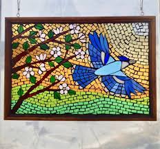 This Gorgeous Stained Glass Mosaic Panel Features A Blue Jay In Flight With Pink Apple Blossoms And An Ombre Green A Mosaic Artwork Nature Artwork Mosaic Glass