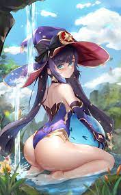 :t aqua eyes ass bangs black gloves black hair breasts cloud  earrings eyebrows visible through hair facing away female flower genshin  impact gloves hair ornament hat highres holding in