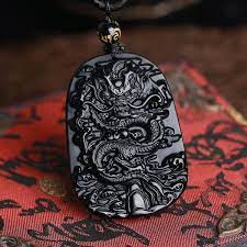 Obsidian Japanese Dragon Necklace Obsidian Necklace Dragon Pendant Black Obsidian Necklace
