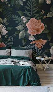 Dark Green Pink Floral Wallpaper Mural Murals Wallpaper Floral Bedroom Green Bedroom Design Emerald Green Bedrooms