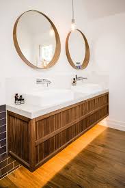 Drawers under the countertop hold. Marvelous Melbourne Mirrors For Double Sink Vanities Contemporary Bathroom Contemporary Bathroom Vanity Under Cabinet Lighting Timber Veneer White Tile Backsplash Wall Pendant Light