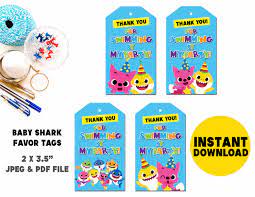 If you are throwing a baby shark themed birthday party these templates are the perfect way to keep with the theme. Baby Shark Favor Tags Baby Shark Thank You Tag Baby Shark Party Baby Shark Printables Underwater Creatur Baby Shark Favors Baby Shark Printable Favor Tags